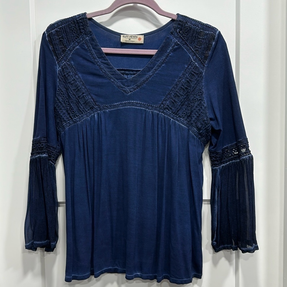 Ruff Hewn V-Neck Top With Sheer Bell Sleeves